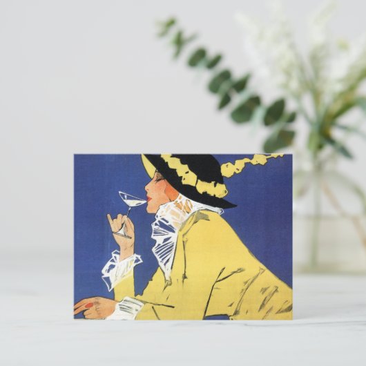 Vrouw in Geel met Drink Briefkaart (Staand voorkant)