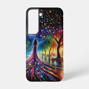 Vrouw in golvende jurk die in een kleurrijk bos lo samsung galaxy hoesje
