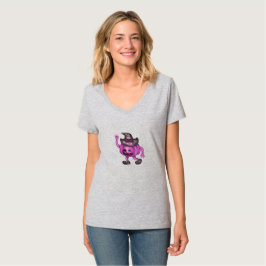Vrouw in grijze V-hals T-shirt - Heksenhoed Pompoe