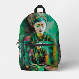 Vrouw in Groen Bedrukte Rugzak