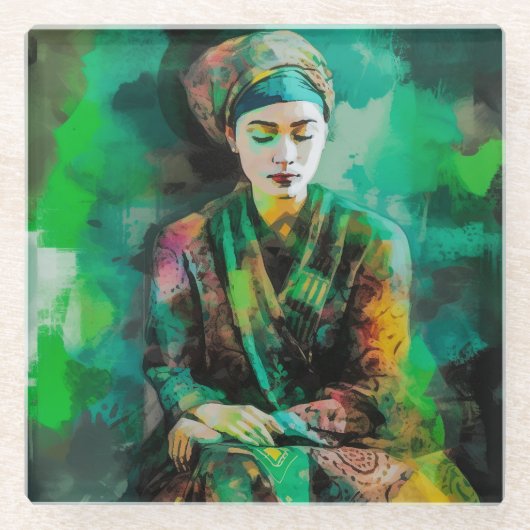 Vrouw in Groen Glazen Onderzetter (Voorkant)