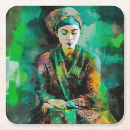 Vrouw in Groen Kartonnen Onderzetters