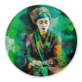 Vrouw in Groen Keramische Knop