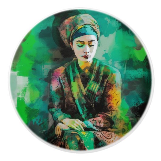 Vrouw in Groen Keramische Knop (Voorkant)