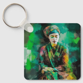 Vrouw in Groen Sleutelhanger