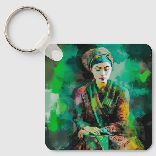 Vrouw in Groen Sleutelhanger (Voorkant)