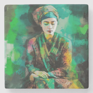 Vrouw in Groen Stenen Onderzetter