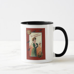 Vrouw in Groene Dress Peeling Apple Mok