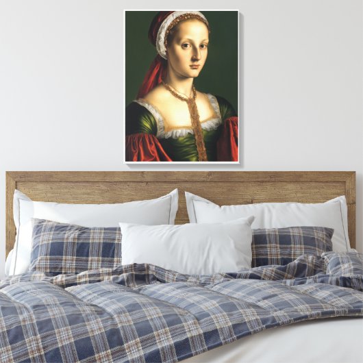 Vrouw in Groene Jurk en Rood Pet Canvas Afdruk (Insitu (Slaapkamer))