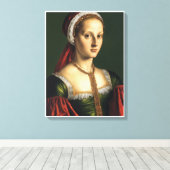 Vrouw in Groene Jurk en Rood Pet Canvas Afdruk (Insitu (Houten vloer))