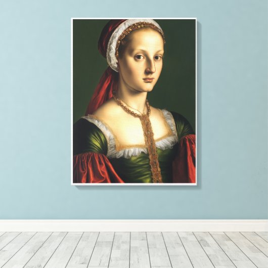 Vrouw in Groene Jurk en Rood Pet Canvas Afdruk (Insitu (Houten vloer))