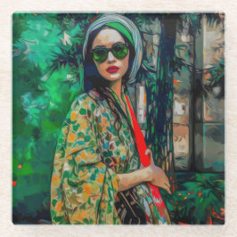 Vrouw in Groene Zonnebril Glazen Onderzetter