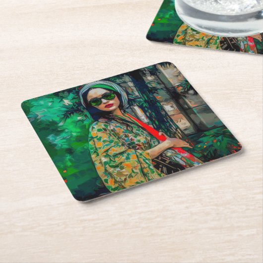 Vrouw in Groene Zonnebril Kartonnen Onderzetters (Schuin)