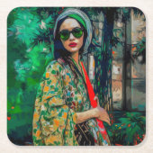 Vrouw in Groene Zonnebril Kartonnen Onderzetters (Voorkant)