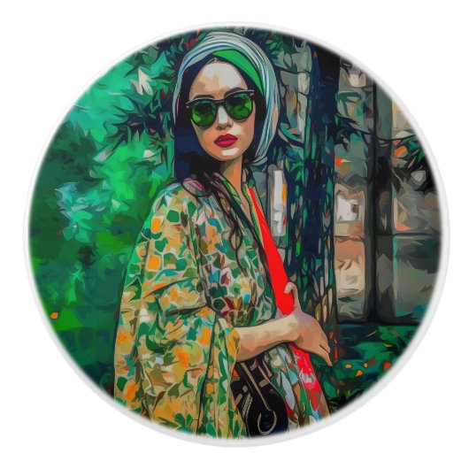 Vrouw in Groene Zonnebril Keramische Knop (Voorkant)