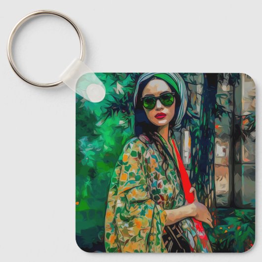 Vrouw in Groene Zonnebril Sleutelhanger (Voorkant)