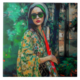 Vrouw in Groene Zonnebril Tegeltje