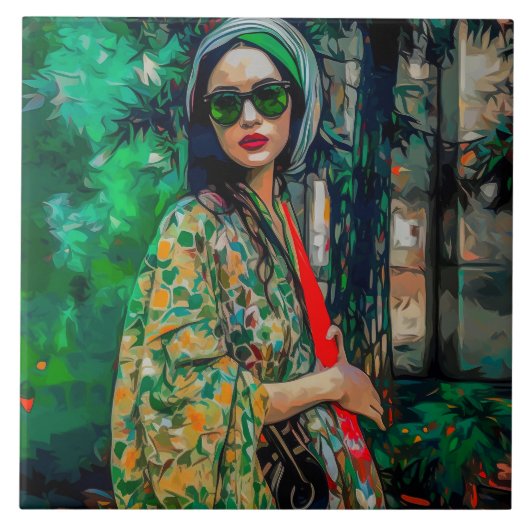 Vrouw in Groene Zonnebril Tegeltje (Voorkant)