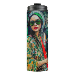 Vrouw in Groene Zonnebril Thermosbeker