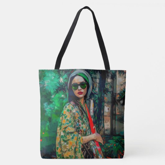Vrouw in Groene Zonnebril Tote Bag (Voorkant)