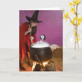 Vrouw in heksenkostuum roeren ketel kaart (Gele Bloem)