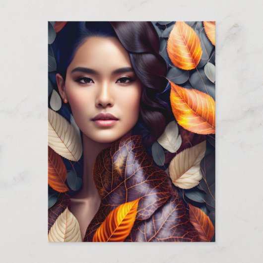 Vrouw in herfstbladeren, Postcrossing Briefkaart (Voorkant)