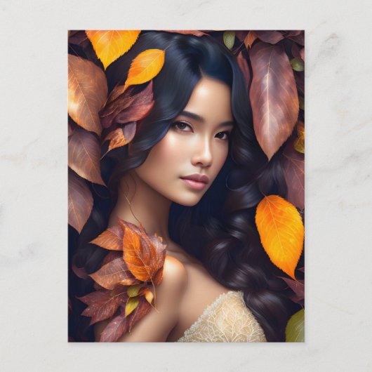 Vrouw in herfstbladeren, Postcrossing Briefkaart (Voorkant)