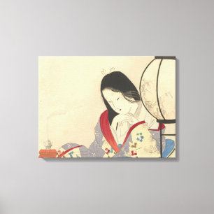 Vrouw in het binnenland met een lamp   1890-1908 canvas afdruk