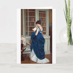 Vrouw in het blauw, lezend in een boek kaart