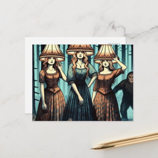 Vrouw in het bos met lampenkap Pet en Bigfoot Briefkaart (Voorkant / Achterkant in situ)