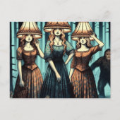 Vrouw in het bos met lampenkap Pet en Bigfoot Briefkaart (Voorkant)