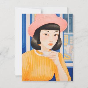 Vrouw in het café briefkaart