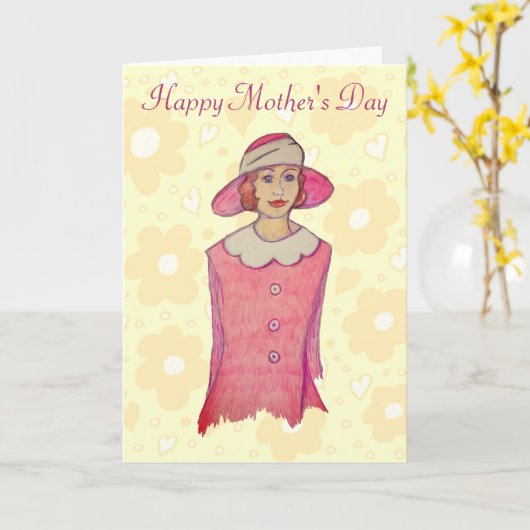 Vrouw in het Moederdag van het Roze Pet Kaart (Gele Bloem)