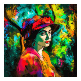 Vrouw in het Rode Pet Foto Afdruk