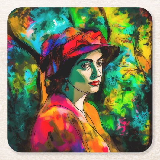 Vrouw in het Rode Pet Kartonnen Onderzetters (Voorkant)