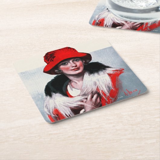 Vrouw in het Rode Pet Kartonnen Onderzetters (Schuin)