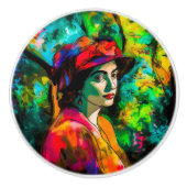 Vrouw in het Rode Pet Keramische Knop (Voorkant)