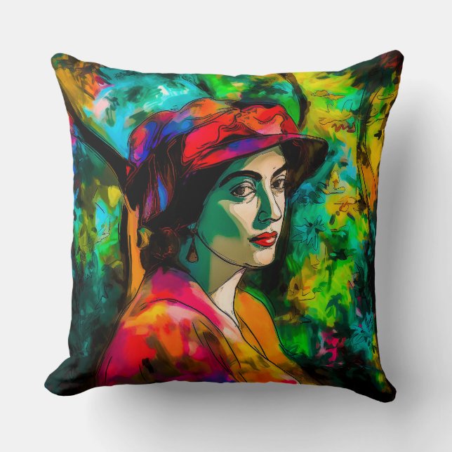 Vrouw in het Rode Pet Kussen (Voorkant)