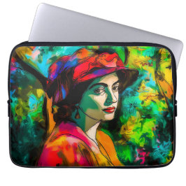 Vrouw in het Rode Pet Laptop Sleeve