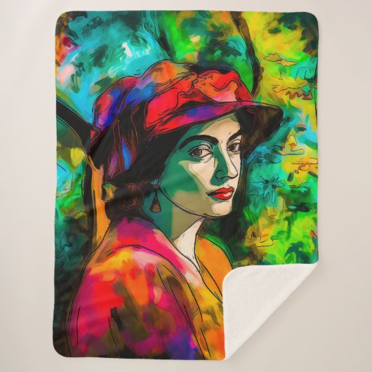 Vrouw in het Rode Pet Sherpa Deken (Voorkant)