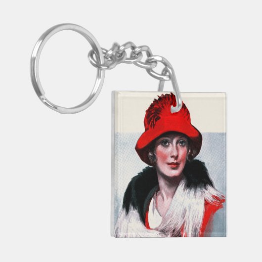 Vrouw in het Rode Pet Sleutelhanger (Voorkant Links)