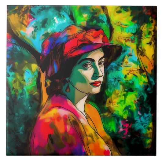 Vrouw in het Rode Pet Tegeltje (Voorkant)