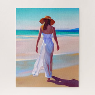 Vrouw in het wit op het strand legpuzzel
