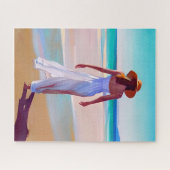 Vrouw in het wit op het strand legpuzzel (Horizontaal)