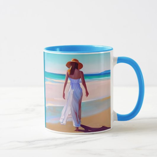 Vrouw in het wit op het strand mok (Rechts)