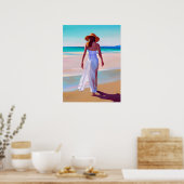 Vrouw in het wit op het strand poster (Keuken)
