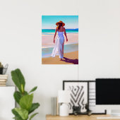 Vrouw in het wit op het strand poster (Thuiskantoor)