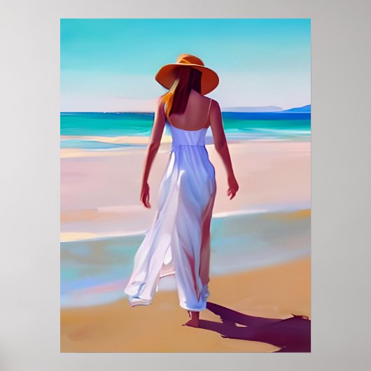Vrouw in het wit op het strand poster (Voorkant)