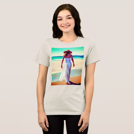 Vrouw in het wit op het strand Tri-Blend shirt (Voorkant volledig)