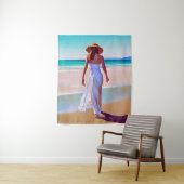 Vrouw in het wit op het strand wandkleed (In situ)